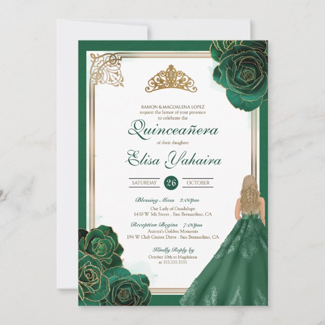 Emerald Green White Gold Rose Royal Quinceanera Einladung (Vorderseite)