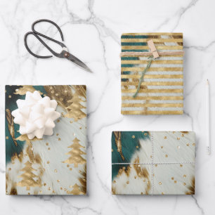 Emerald Green White Gold Weihnachtsbaum Geschenkpapier Set