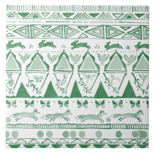 Emerald Green White Ikat Woodland Animal Muster Fliese (Vorderseite)