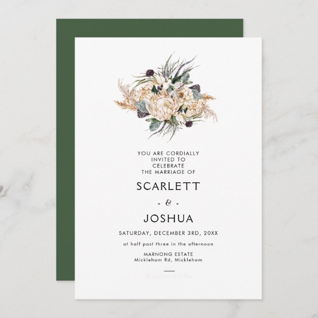 Emerald Green White Protea Pampas Wedding Invitati Einladung (Vorne/Hinten)