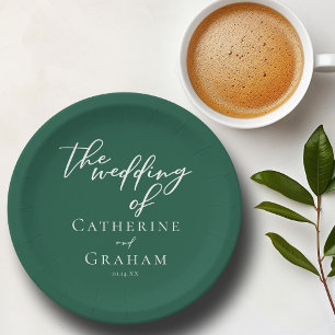 Emerald Green White Script Personalisiert Wedding Pappteller