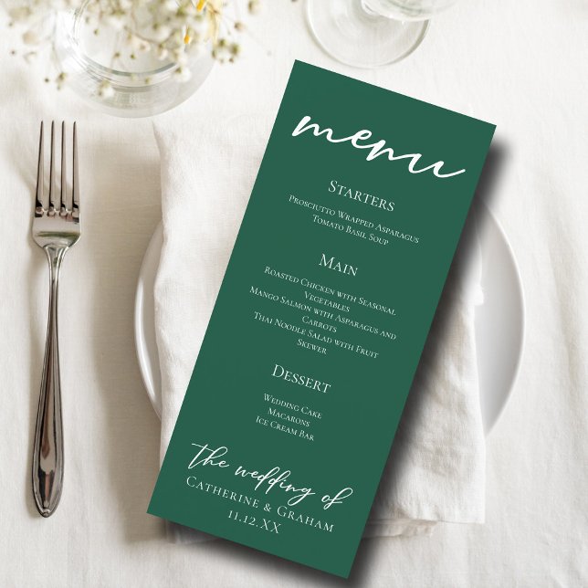 Emerald Green White Typografy Forest Wedding Menükarte (Von Creator hochgeladen)