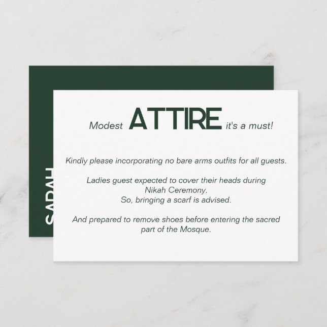 Emerald Green White Wedding Kleid Code Card Begleitkarte (Vorne/Hinten)