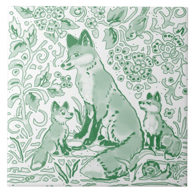Emerald Green White Woodland Niedlich Fox faszinie Fliese (Vorderseite)