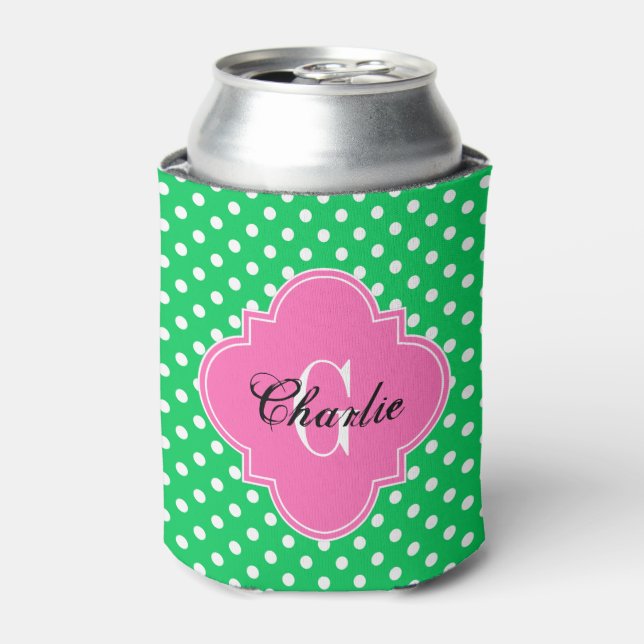Emerald Green Wht Dots Hot Pink Quat Name Initial Dosenkühler (Kanne Vorderseite)