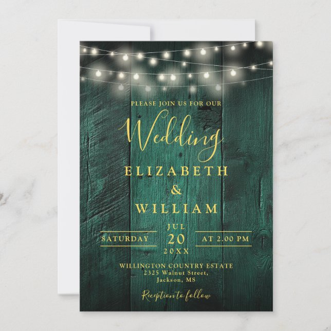 Emerald Green Wood String Lights QR Code Wedding Einladung (Vorderseite)