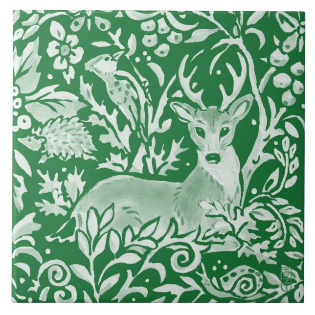 Emerald Green Woodland Animal Hirsche Igel Floral Fliese (Vorderseite)