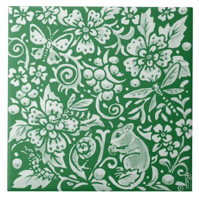 Emerald Green Woodland Garden Mouse Insekt Fliese (Vorderseite)