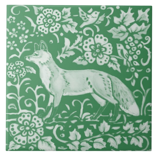 Emerald Green Woodland Niedlich Fox Intricated Flo Fliese (Vorderseite)