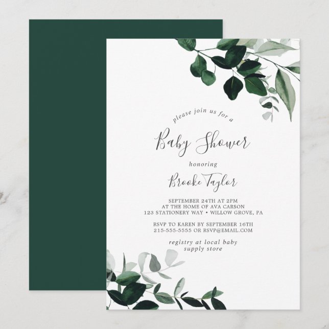 Emerald Greenery Baby Shower Einladung (Vorne/Hinten)