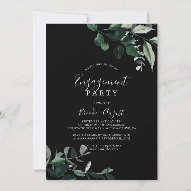 Emerald Greenery | Black Engagement Party Einladung (Vorderseite)