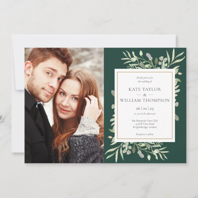 Emerald Greenery Botanical Gold Fotos Hochzeit Einladung (Vorderseite)