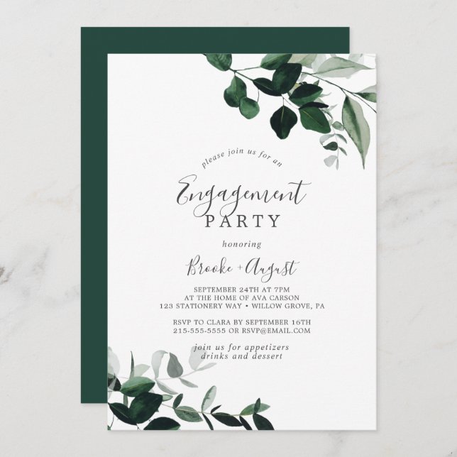 Emerald Greenery Engagement Party Einladung (Vorne/Hinten)