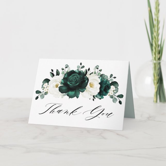 Emerald Greenery Eucalyptus White Floral Wedding Dankeskarte (Vorderseite)