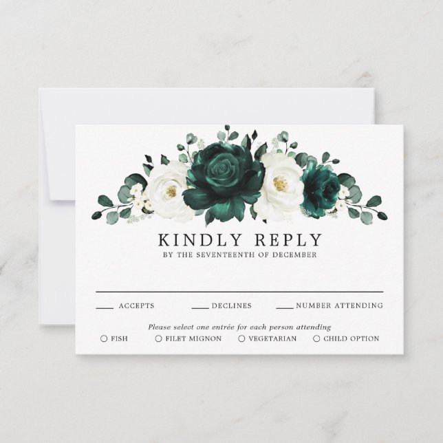 Emerald Greenery Eucalyptus White Floral Wedding RSVP Karte (Vorderseite)