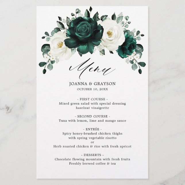 Emerald Greenery Eucalyptus White Wedding Menu (Vorderseite)