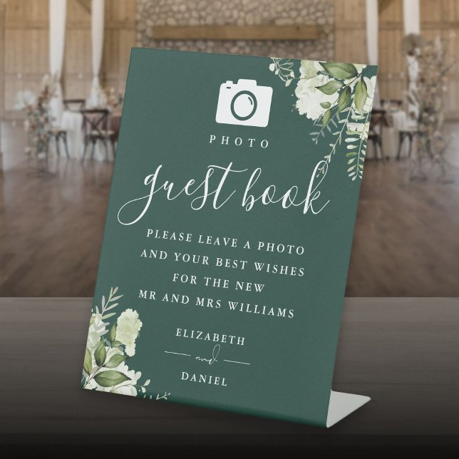 Emerald Greenery Foto Guest Book Wedding Sockelschild (Emerald Greenery Photo Guest Book Wedding Pedestal Sign)