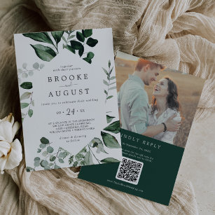 Emerald Greenery Foto QR Code Back Wedding Einladung