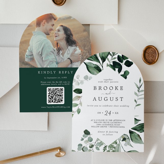 Emerald Greenery Foto QR Code Boho Arch Wedding Einladung (Emerald Greenery Photo QR Code Boho Arch Wedding Invitation)