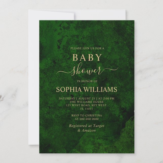Emerald Greenery & Gold Calligraphy Baby Shower Einladung (Vorderseite)