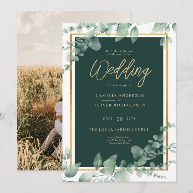 Emerald Greenery Gold FOTO WEDING EINLADUNG (Vorne/Hinten)
