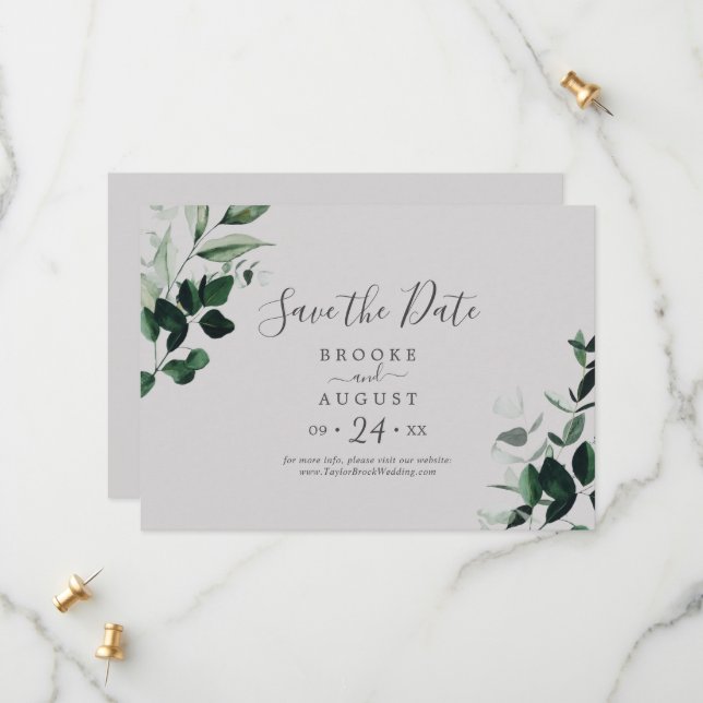 Emerald Greenery | Grau horizontal Save The Date (Vorderseite/Rückseite Beispiel)