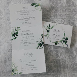 Emerald Greenery   Graues Foto Hochzeit in einem Dreifach Gefaltete Einladung