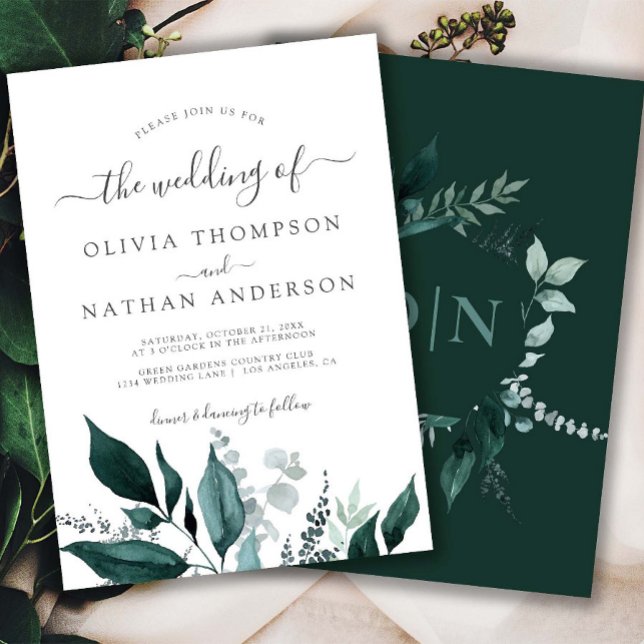 Emerald Greenery Green Garden Monogram Wedding Einladung (Emerald Greenery Wedding Invitation Woodland Marriage Green Leaves Foliage Botanical Rustic)