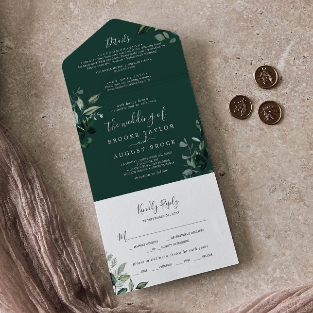 Emerald Greenery | Grüne Details Hochzeit All In One Einladung (Von Creator hochgeladen)