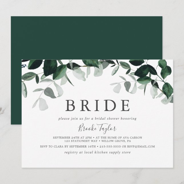 Emerald Greenery Horizontal Bride Brautparty Einladung (Vorne/Hinten)