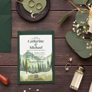 Emerald Greenery Mountain Rustic QR Code Wedding Einladung