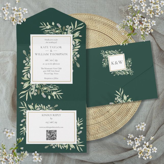 Emerald Greenery QR Code Wedding All In One Einladung (Emerald Greenery Floral QR Code Wedding All In One Invitation)