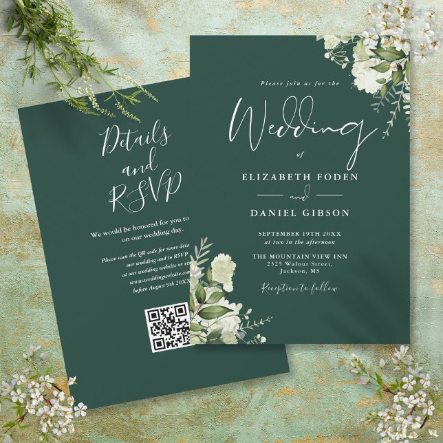 Emerald Greenery QR Code Wedding Einladung (Emerald Greenery Floral QR Code Wedding Invitation)