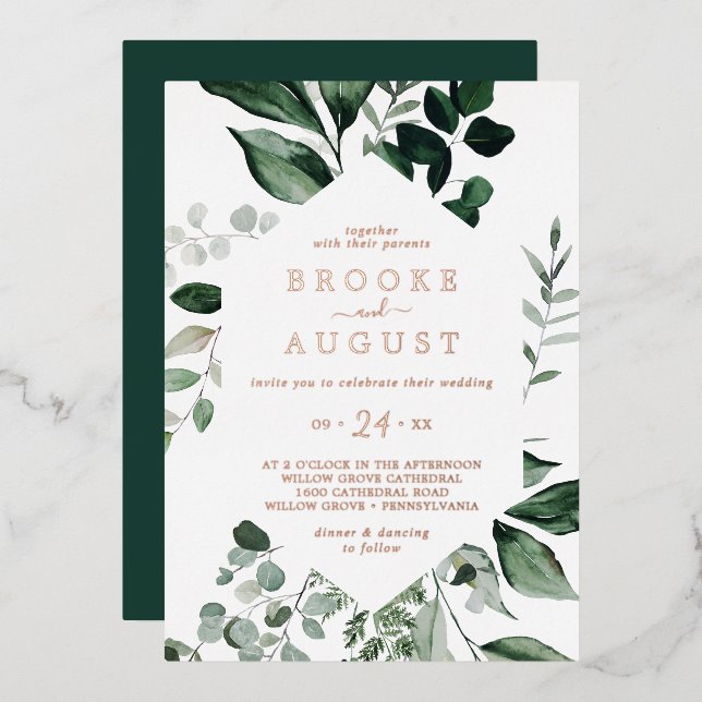 Emerald Greenery Rose Gold Foil bei einer Hochzeit Folieneinladung (Vorderseite/Rückseite)