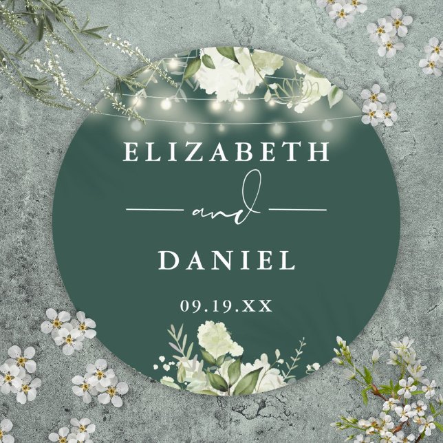 Emerald Greenery String Lights Gastgeschenk Hochze Runder Aufkleber (Emerald Greenery String Lights Wedding Favor Classic Round Sticker)