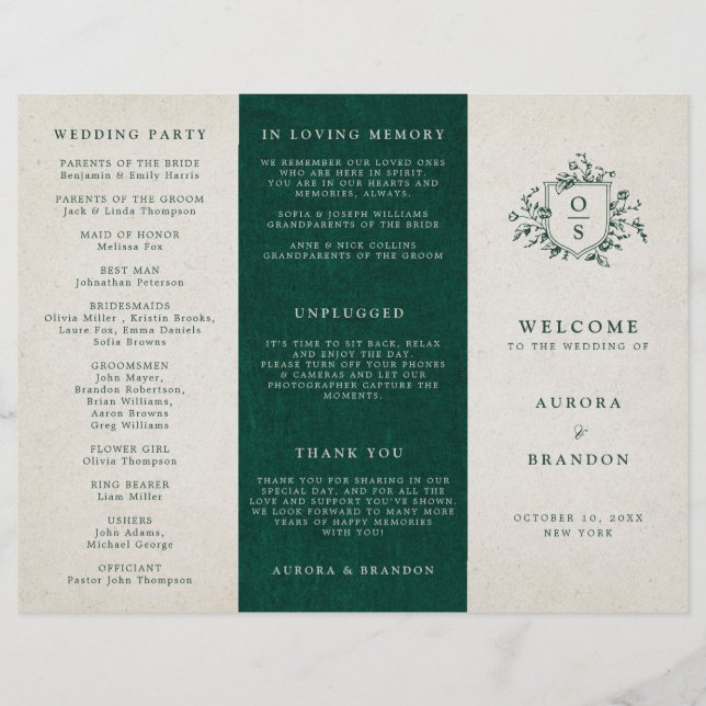 Emerald Greenery Vintag Botanical Wedding Program (Vorderseite)