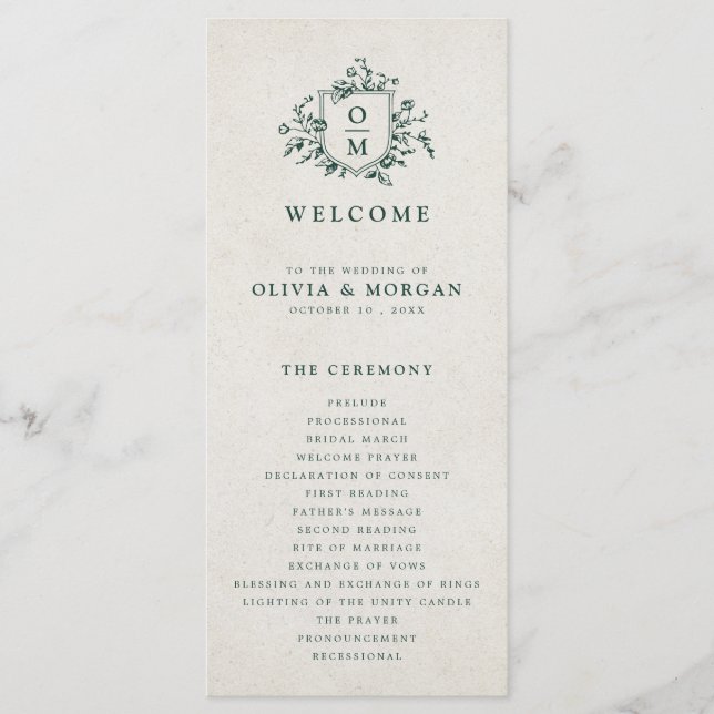 Emerald Greenery Vintag Botanische Hochzeit Programm (Vorderseite)