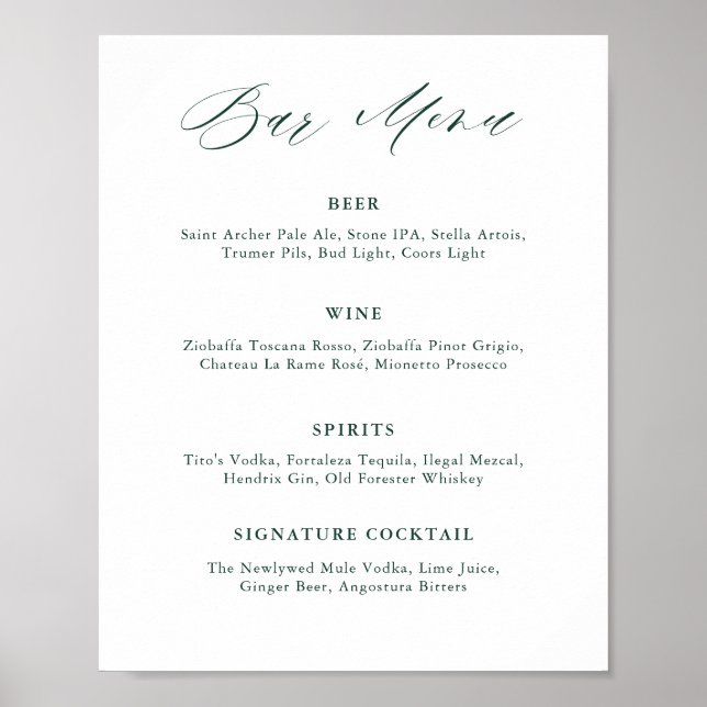 Emerald Greenery Vintage Wedding Bar Menu Poster (Vorne)