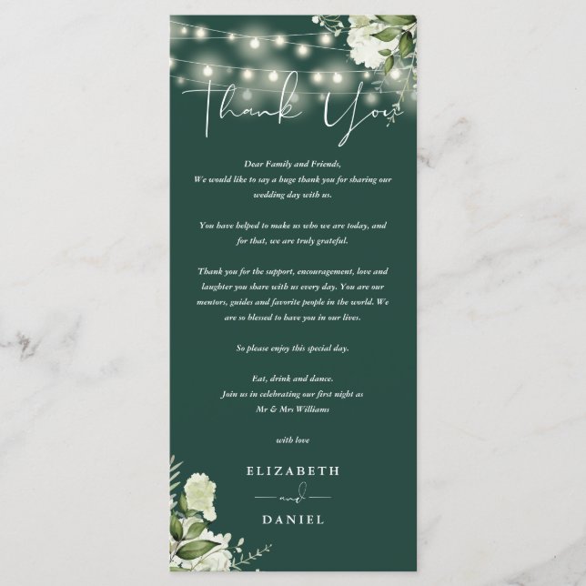 Emerald Greenery Wedding Vielen Dank Platzkarte Menükarte (Vorderseite)