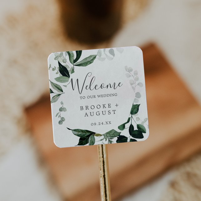 Emerald Greenery Wedding Willkommen Quadratischer Aufkleber (Von Creator hochgeladen)