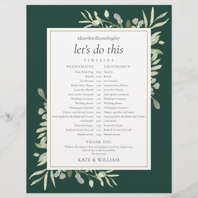 Emerald Greenery Wedding Zeitplan Timeline (Vorderseite)