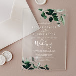 Emerald Greenery White Modern Boho Moody Wedding Acryleinladungen<br><div class="desc">Diese smaragdgrünen weißen modernen boho-moody Hochzeit Acryl-Einladungen sind perfekt für eine Waldhochzeit. Das elegante und dennoch rustikale Design besticht durch stimmungsvolle,  dunkelgrüne Blätter und Eukalyptus mit einem modernen böhmischen Waldgefühl.</div>