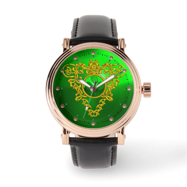 EMERALD GRÜNES KLEEBLATT UND KELTISCHE HERZEN GOLD ARMBANDUHR (Vorderseite)