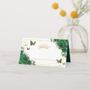 Emerald GrünFloral Gold Schmetterlinge Quinceañera Platzkarte