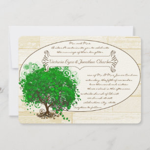 Emerald Heart Leaf Tree Barn Wood Wedding Einladung