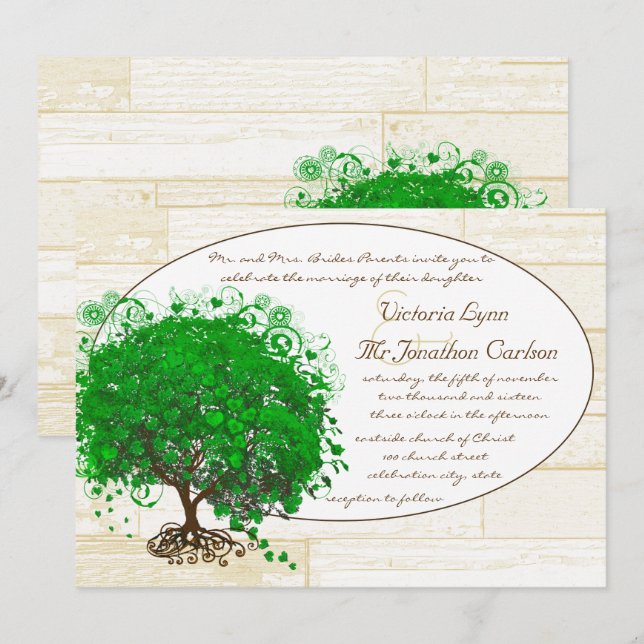 Emerald Heart Leaf Tree Barn Wood Wedding Einladung (Vorne/Hinten)