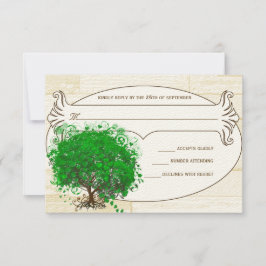 Emerald Heart Leaf Tree Barn Wood Wedding RSVP Karte