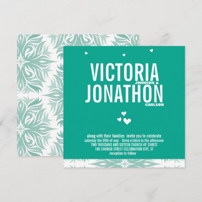 Emerald Heart Modern Floral Typografy Wedding Einladung (Vorne/Hinten)