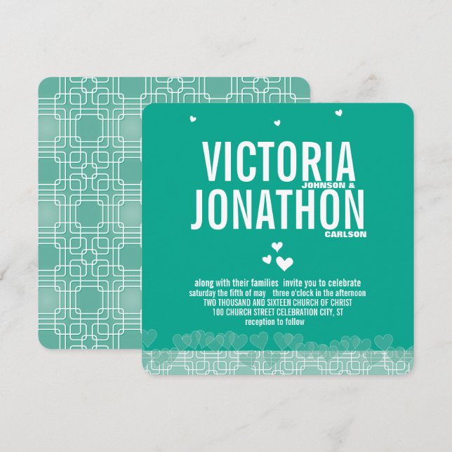 Emerald Heart Modern Floral Typografy Wedding Einladung (Vorne/Hinten)
