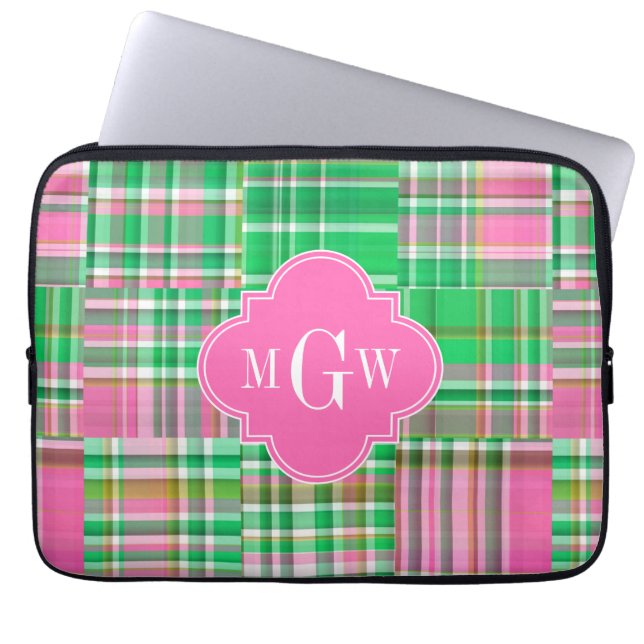 Emerald Hot Pink Preppy Patchwork Madras Monogram Laptopschutzhülle (Vorderseite)